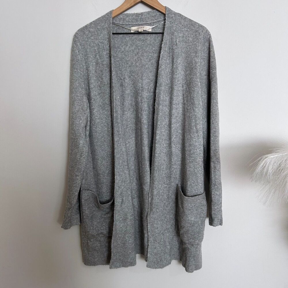 LOFT Long Cardigan Large Gray Open Front Cozy Soft Knit Pockets